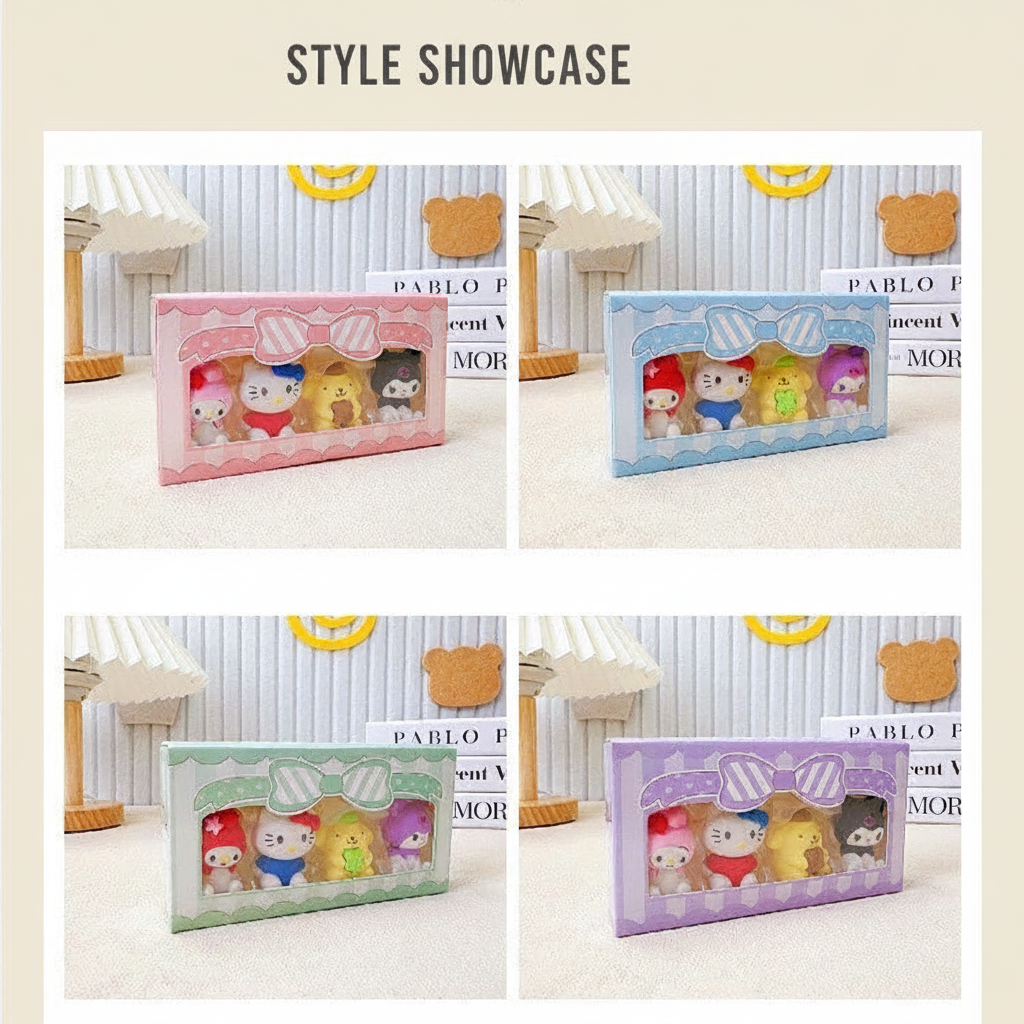 Sanrio shaped eraser gift boxes shown in pink, blue, mint and lilac colorways